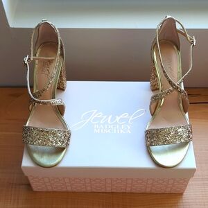 EUC Sz 6.5 Gold glitter Badgley Mischka Jewel chunky heeled sandals